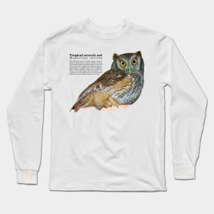 tropical screech owl under a roof black text Long Sleeve T-Shirt